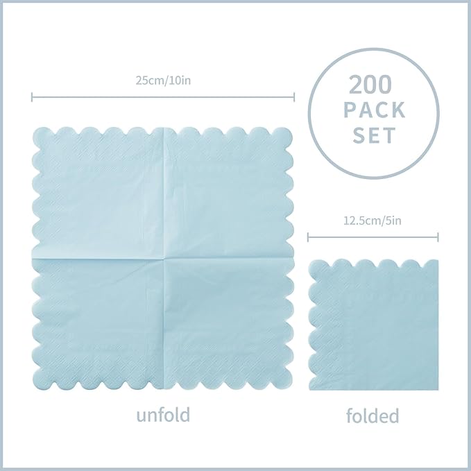 200 Pack Cocktail Napkin 2-Ply Scalloped Edged Dessert Napkins Folded 5 x 5 Inches Disposable Napkins for Dinner Wedding Birthday Party Bridal Anniversary Reception Event (Light Blue)