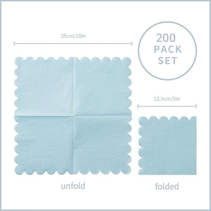 200 Pack Cocktail Napkin 2-Ply Scalloped Edged Dessert Napkins Folded 5 x 5 Inches Disposable Napkins for Dinner Wedding Birthday Party Bridal Anniversary Reception Event (Light Blue)