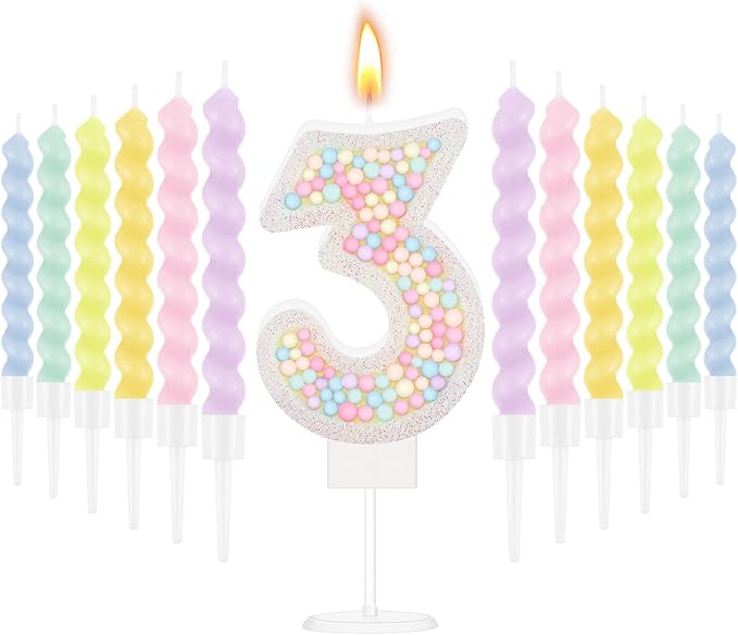 MTLEE Number 3 Birthday Candle with 12 Pcs Spiral Candles for Girls Macaron Pastel Rainbow Unicorn Pink Cake Topper for Sweet Theme Party Decoration