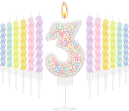 MTLEE Number 3 Birthday Candle with 12 Pcs Spiral Candles for Girls Macaron Pastel Rainbow Unicorn Pink Cake Topper for Sweet Theme Party Decoration