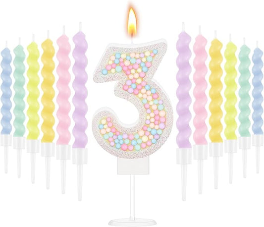 MTLEE Number 3 Birthday Candle with 12 Pcs Spiral Candles for Girls Macaron Pastel Rainbow Unicorn Pink Cake Topper for Sweet Theme Party Decoration