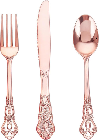 90 Pieces Rose Gold Plastic Silverware - Heavy Duty Disposable Utensils - Fancy Gold Plastic Cutlery Set Includes 30 Forks, 30 Spoons, 30 Knives for Dinner Parties Weddings