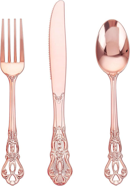 150PCS Rose Gold Plastic Silverware - Heavy Duty Elegant Disposable Utensils - Vintage Rose Gold Cutlery Set Includes 50Forks, 50Spoons, 50Knives for Dinner Parties Weddings