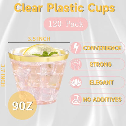 WELLIFE 120 PCS Gold Plastic Cups,9 oz Clear Plastic Cups,Disposable Wine Glasses for Party and Christmas