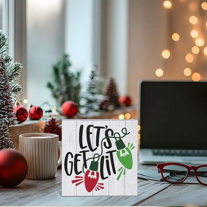 Christmas Decorations for Home Let's Get Lit Decor Christmas Decorations for Home Office Table Merry Xmas Decor for Room 5 x 5 Inches