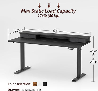 TIQLAB Standing Desk with Two Drawers, Stand Up Standing Desk Adjustable Height, Electric Sit Stand Table with Storage Shelf and Splice Board, 63 * 24 inch, Black