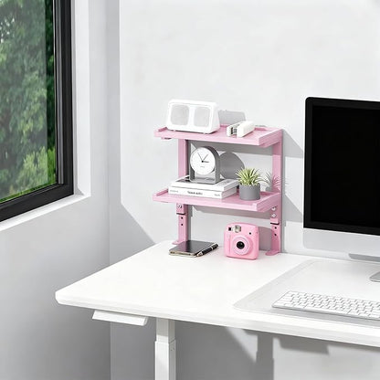 2-Tier Desk Shelf, Expandable Under Desk Storage, Clamp on Desk Shelf, Desktop Accessories for Offices, Study Rooms, and Game Rooms (Pink)