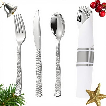 WELLIFE 50 Pack Silver Plastic Silverware with Pre Rolled Napkins,Wrapped Silverware Set Disposable,Includes:50 Forks, 50 Knives, 50 Spoons, 50 Napkins,Utensils Plastic Disposable for Christmas