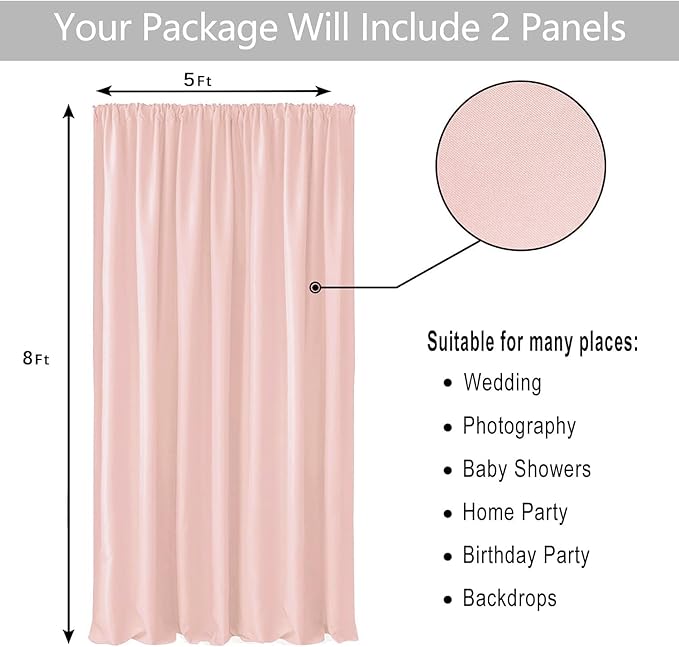 Hiasan Blush Pink Screen Backdrop Curtains for Parties, Polyester Photography Backdrop Drapes for Family Gatherings, Wedding Decorations, 5ftx8ft, Set of 2 Panels