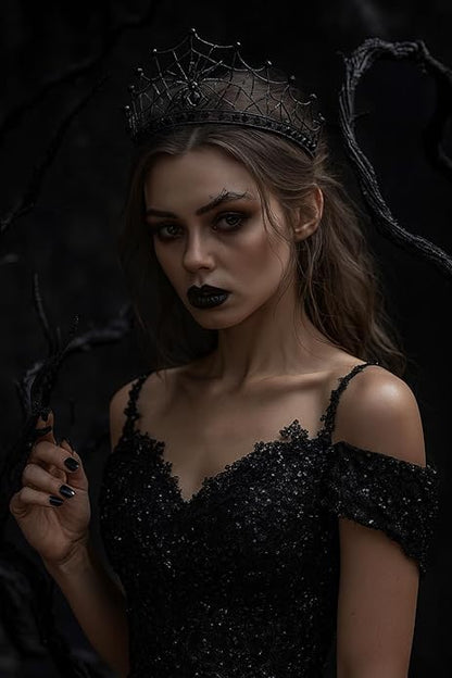 Gothic Black Spider Web Crown for Women Dark Queen Crystal Tiara Metal Headpiece Vampire Cosplay Masquerade Party Prom Night Witch Sorceress Costume Accessory