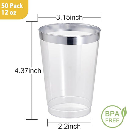 I00000 50 Pack 12 oz Silver Plastic Cups, Silver Rimmed Disposable Cups, Party Wine Glasses Disposable Cocktail Glasses Heavy Duty Cups with Silver Rim, 12 Ounce Plastic Tumblers For Party