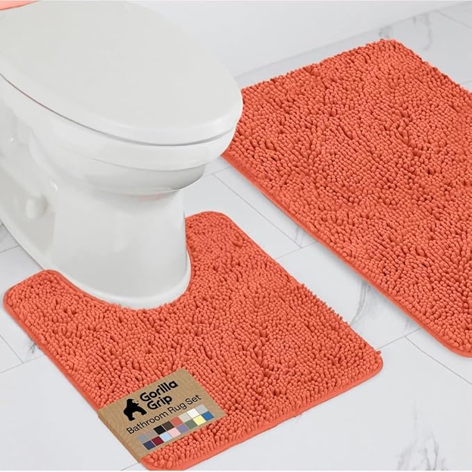 GORILLA GRIP Bathroom Rug Sets, Soft Chenille 2 Piece Area Rugs Set, Toilet Base Mat and 30x20 Carpet, Absorbent Microfiber Washable Mats Dry Quickly, Home Décor and Bath Room Accessories, Coral