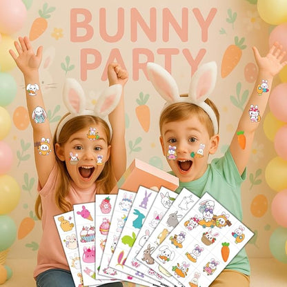 8 Sheets (96PCS) Bunny Pre-Cut Temporary Tattoos for Kids – Cute Bunny Birthday Party Favors Supplies Decorations, Easter Egg Carrot Tattoo Stickers for Boys and Girls, Classroom Rewards and Prizes