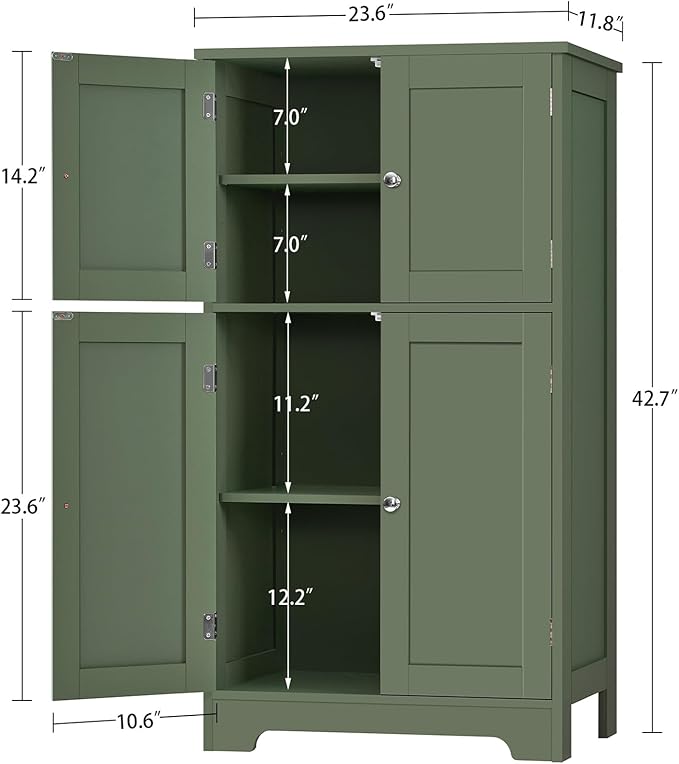 TEENFON Bathroom Floor Storage Cabinet, Freestanding Bathroom Cabinet with 4 Doors & 2 Adjustable Shelves, Cupboard, Floor Cabinets for Living Room, Entryway, Office, Forest Green