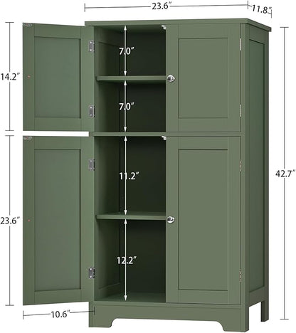TEENFON Bathroom Floor Storage Cabinet, Freestanding Bathroom Cabinet with 4 Doors & 2 Adjustable Shelves, Cupboard, Floor Cabinets for Living Room, Entryway, Office, Forest Green