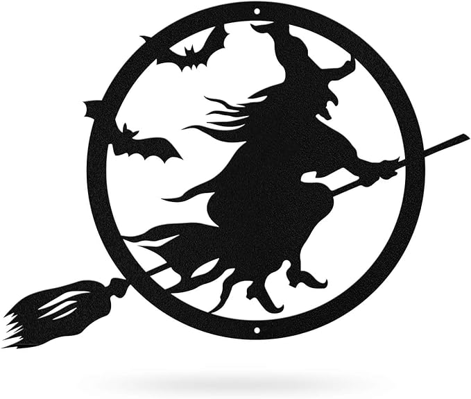 RealSteel Witch Halloween Decoration - Metal Broom Riding Décor - Scary Indoor Outdoor Wall Sign for Haunted Houses - Wicked Witch Flying Porch Art - Flying Bats Front Door Art (24, Black)