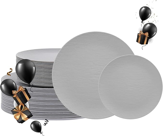 WONDERFUL 32pcs Light Grey Plastic Plates Reusable Unbreakable & Dishwasher safe Dishes Set Outdoor Plates Includes:16 Dinner 10" and 16 Dessert Plate 7.3" Ideal for BBQ Camping Christmas New Year