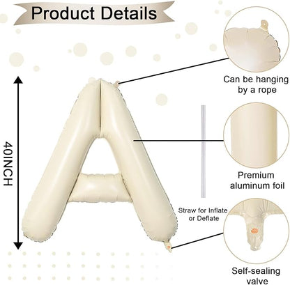 40 Inch Letter Balloons A, Big Custom A-Z Alphabet Foil Name Balloon Cream White, Self Inflating Beige Customize Helium Balloon Letters A for Women Girls Birthday Bride Baby Shower Party Decorations