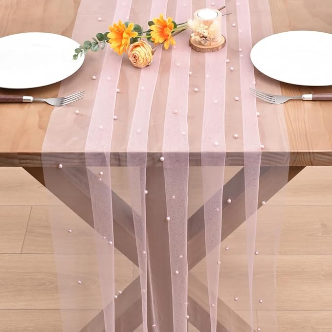 Blushing Pink Pearl Fall Thanksgiving Table Runner Boho Rustic Tulle Lace Table Runner for Baby Shower Wedding Arch Decor Veil Dessert Table Decor 3pcs