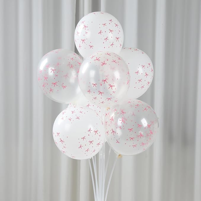 Patimate Pink Bow Balloons Set, 50 pcs 12 inch Metallic Pastel Pink White Transparent Bow Print Balloons Kit for Coquette Birthday Baby Shower for Girls Women Wedding Bridal Shower Party Decorations