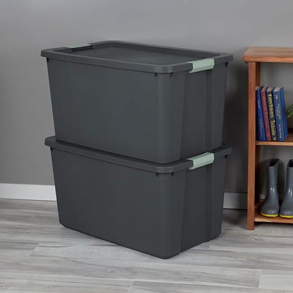 Sterilite 4 Pack 34 Gallon Latch Tote, Stackable Plastic Storage Bin Container, Gray/Green