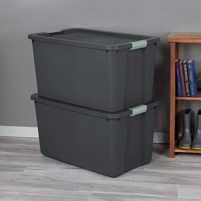 Sterilite 8 Pack 34 Gallon Latch Tote, Stackable Plastic Storage Bin Container, Gray/Green