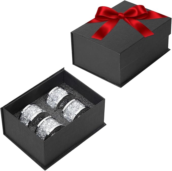 Silver Diamond Napkin Ring Glass Framed, Crystal Dinning Cloth Rings Set of 4 Piece, Glam Serviette Buckle Cloth Holder Sparkle Bling Crushed Diamond Table Decor Accessories