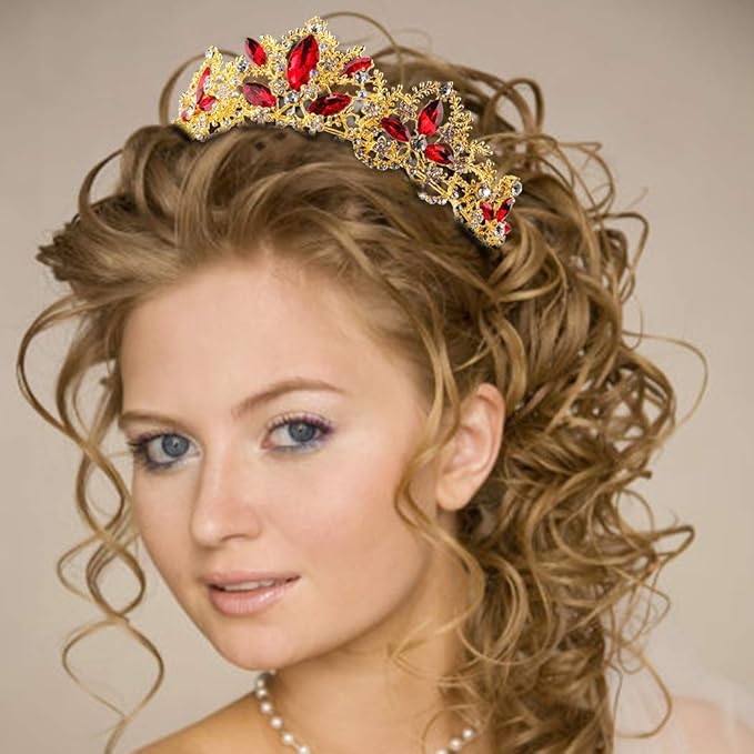Gold Tiara and Crown for Women Red Gem Queen Crowns with Comb Rhinestones Headband for Girls Crystal Wedding Hair Accessories for Bachelor Party Bride Bridal Prom Halloween Costume Cosplay