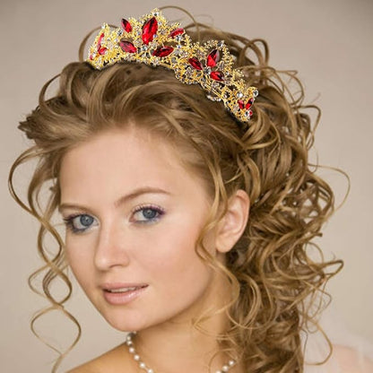 Gold Tiara and Crown for Women Red Gem Queen Crowns with Comb Rhinestones Headband for Girls Crystal Wedding Hair Accessories for Bachelor Party Bride Bridal Prom Halloween Costume Cosplay