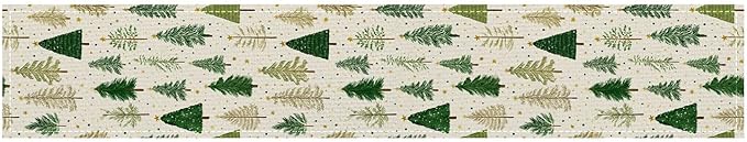 Christmas Tree Table Runner 13x72 Inch Winter Forest Burlap Farmhouse Dining Table Decoration Green Pine Trees Holiday Tablecloth for Kitchen Dining Room Indoor Outdoor Party Home Decor