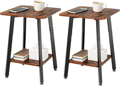 King Oasis Set of 2 2-Tier End Tables, Wooden Side Tables with Storage Shelves, Sturdy Couch Sofa Side Tables for Living Room Bedroom,Brown