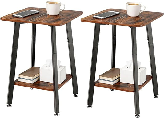King Oasis Set of 2 2-Tier End Tables, Wooden Side Tables with Storage Shelves, Sturdy Couch Sofa Side Tables for Living Room Bedroom,Brown