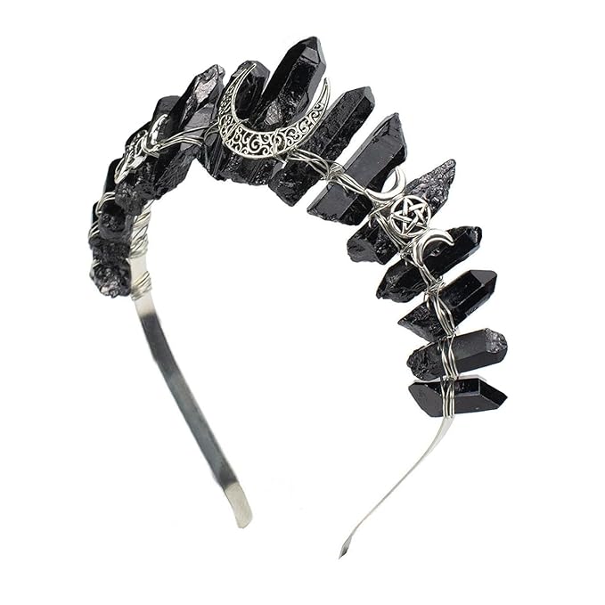 Black Natural Quartz Tiara Headband, Rhinestone Crown Headwear Halloween Masquerade Party Headpiece for Women Girls