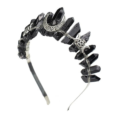 Black Natural Quartz Tiara Headband, Rhinestone Crown Headwear Halloween Masquerade Party Headpiece for Women Girls