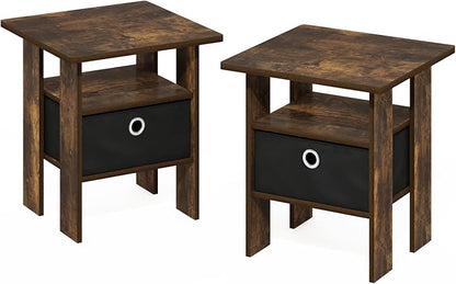 Furinno Andrey Side Table, Set of 2 End Table, Night Stand with Open Shelves and Storage Bin, Bedside Table, for Living Room, Bedroom, Amber Pine