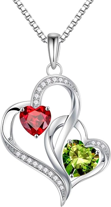 Iefil Christmas Gifts for Women - Double Heart Birthstone Necklace, 925 Sterling Silver Heart Pendant Necklace, Anniversary Birthday Gifts for Women | Personalized Jewelry Gift for Wife Mom Girlfriend