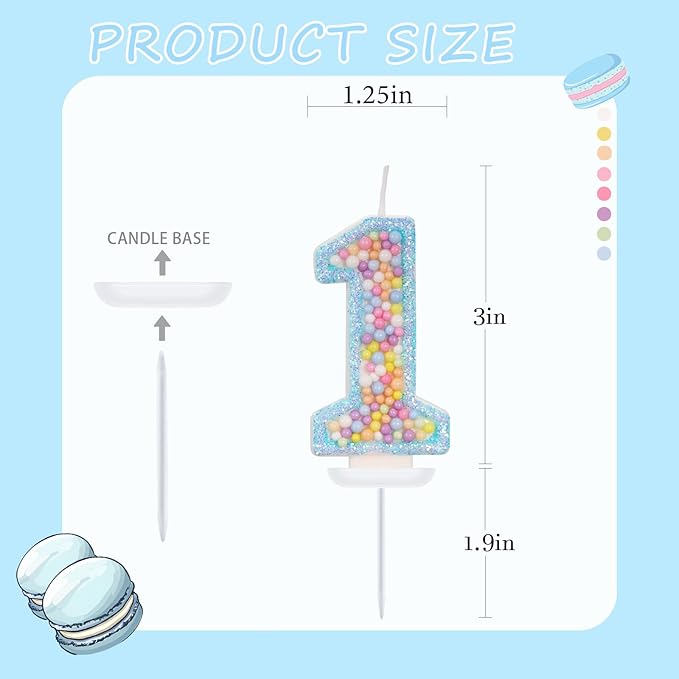 Birthday Candles - Number 1 Candle, Colorful Macaron Candles for Boys/Girls, Blue Cake Decorations, Theme Party Supplies