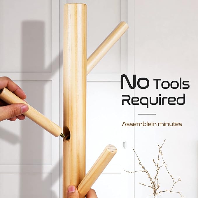 Solid Wooden Coat Rack Freestanding, New Zealand Pine Coat Tree with 8 Hooks & 3 Adjustable Sizes for Coats, Hats, Handbags and Scarves, Space Saving for Entryway/Office/Bedroom (Nature)