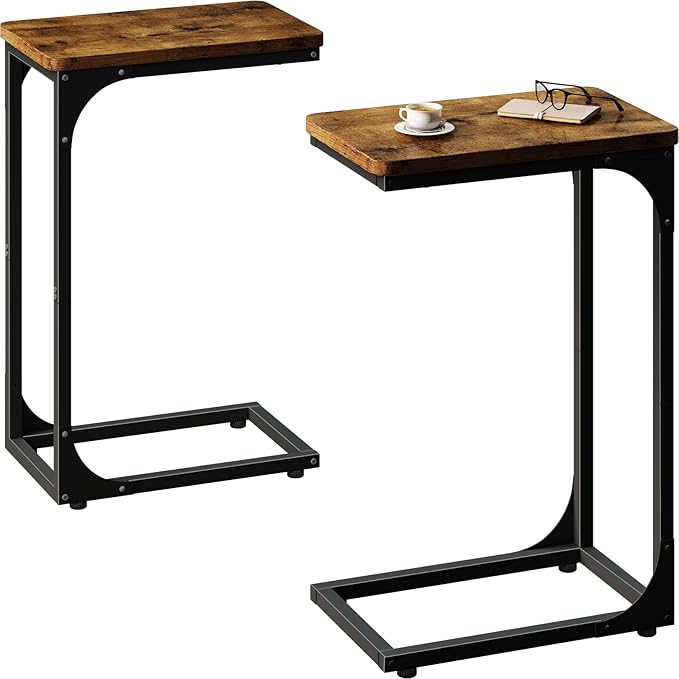 QEEIG Narrow C Shaped Side Table Set of 2 Living Room Sets Slim Couch Tray Tables Skinny Thin Small Farmhouse 9.5 inch Width, Rustic Brown (017-24BN)