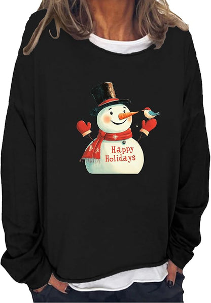 LOAIHA Christmas Shirts for Women Crewneck Snowman Snowflake Santa Graphic Shirts Christmas Tree Long Sleeve Xmas Hoodie