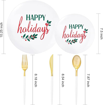 Supernal 150pcs Christmas Plastic Plates Disposable Holiday Plates,Christmas Dinnerware with Xmas Plate,White and Gold Plastic Silverware, Disposable Party Plate with "Happy Holiday"