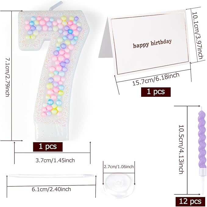 Number Birthday Candle with 12PCS Spiral Candles and A Birthday Card - Perfect for Celebrating Birthdays (Macaron Glitter, Number 7)