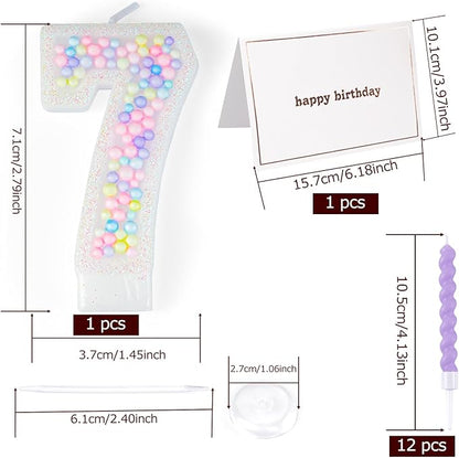 Number Birthday Candle with 12PCS Spiral Candles and A Birthday Card - Perfect for Celebrating Birthdays (Macaron Glitter, Number 7)