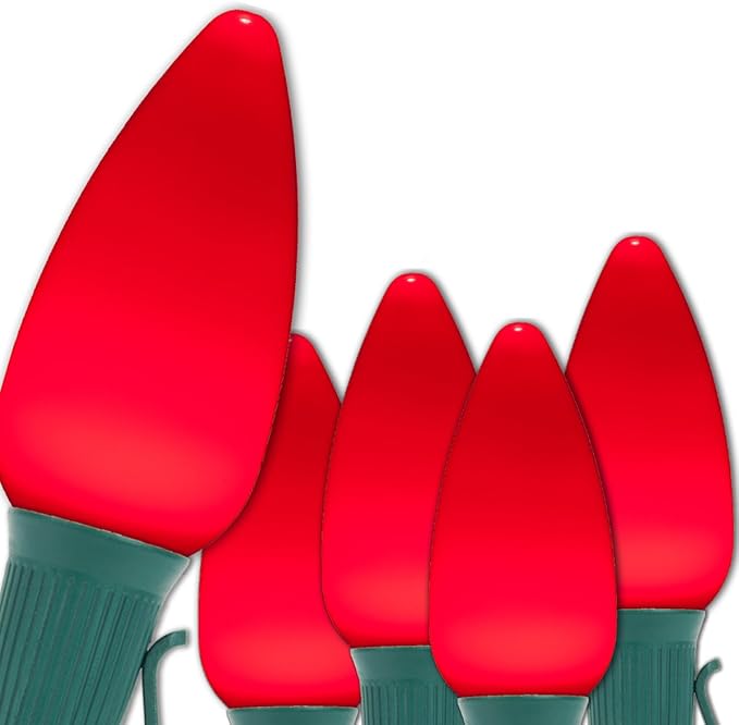 Wintergreen Lighting 50 C9 OptiCore LED Commercial Outdoor Christmas Lights – Heavy Duty Christmas String Lights; Green Wire (50 ft, Red Smooth/Opaque)