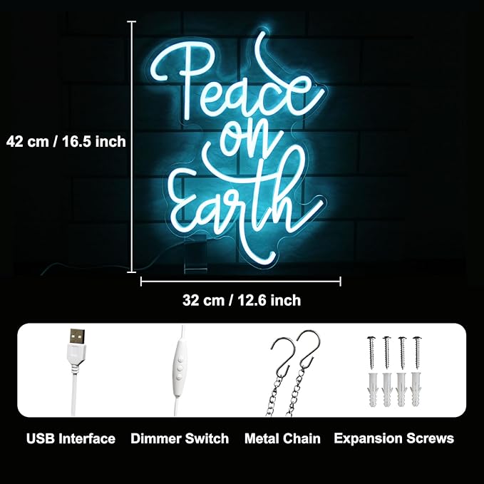Peace on Earth Neon Sign Ice Blue Letter LED Neon Light Dimmable Neon Light Up Signs for Bedroom Man Cave Church Christmas Party Decor Blessing Gift