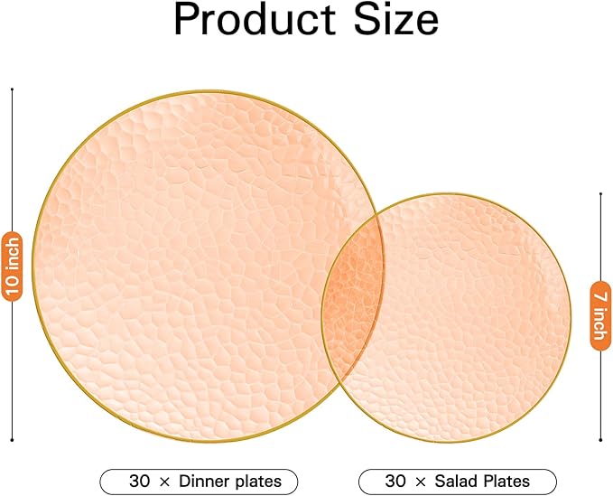 Rubtlamp 60Pcs Orange Plastic Plates, Orange Disposable Plates With Gold Rim, Hammered Plastic Plates Include 30 Dessert Platos, 30 Dinner Platos for Party, Thanksgiving