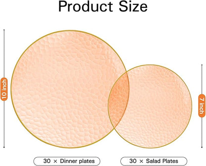 Rubtlamp 60Pcs Orange Plastic Plates, Orange Disposable Plates With Gold Rim, Hammered Plastic Plates Include 30 Dessert Platos, 30 Dinner Platos for Party, Thanksgiving