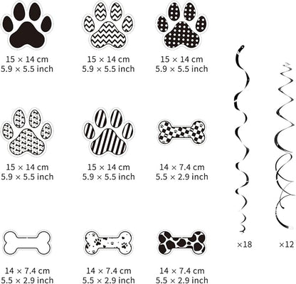 Dog BirthdayHanging Swirl Set Party Decorations, 48 Pcs, Dog Paw Bones Party Supplies Sign,White Black Grid
