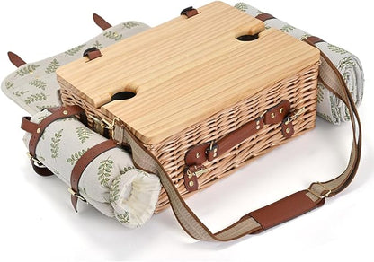 Multifunctional Wicker Picnic Basket Set for 2 with Blanket and Picnic Table, Insulated Picnic Set with Full Tablewares for Camping Outdoor Couples,Leaf
