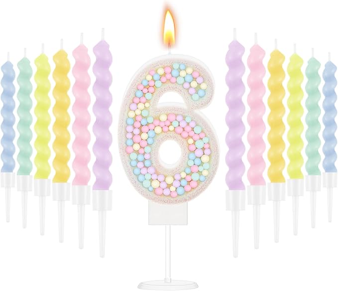 MTLEE Number 6 Birthday Candle with 12 Pcs Spiral Candles for Girls Macaron Pastel Rainbow Unicorn Pink Cake Topper for Sweet Theme Party Decoration